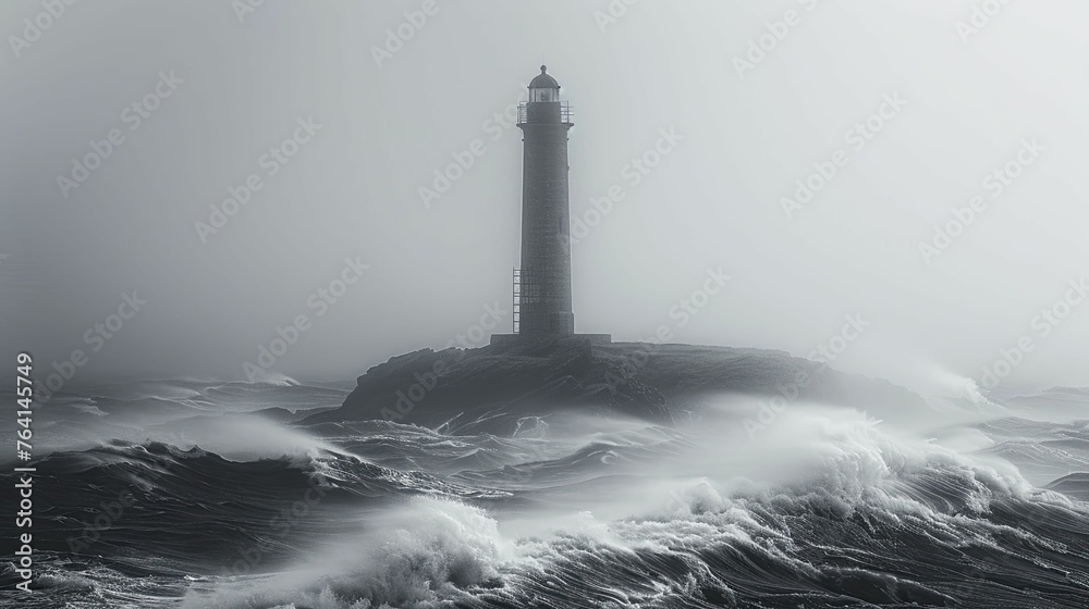 A solitary lighthouse enduring against the fury of the ocean, a testament to isolation on the edge of the world.