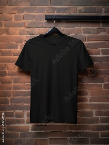 Black T-Shirt Mock-up Design, High-Resolution Fabric against Brick Wall Backdrop