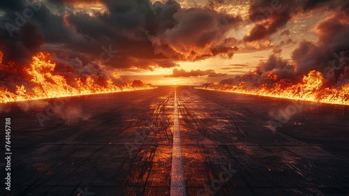 Dramatic airstrip with fiery effects at sunset capturing intensity