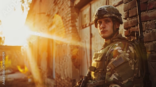A man in a military uniform stands in front of a brick wall. The sun is shining brightly, casting a warm glow on the scene. The man is in a contemplative or reflective mood photo