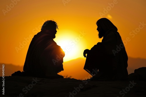 Silhouette of Jesus Christ in conversation with Nicodemus, symbolizing enlightenment and rebirth. photo