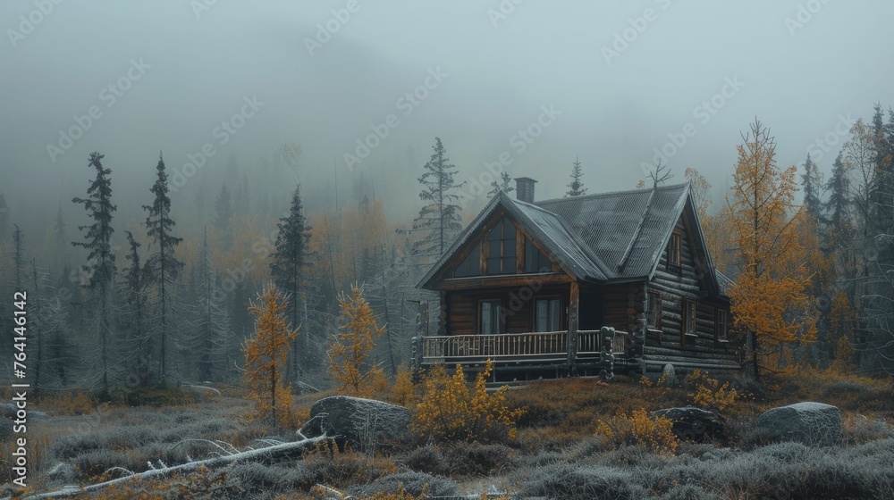 An isolated cabin in the vast wilderness of the Siberian taiga, offering a stark perspective on solitude and the expanse of the natural world.