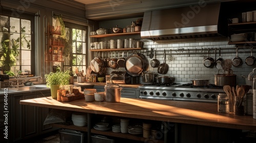 Generative AI An intricately detailed image of a high-end industrial-style kitchen with exposed brick walls and industrial lighting