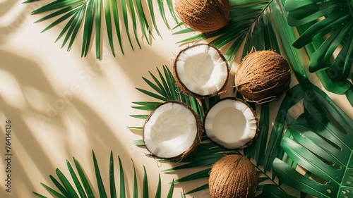 Halved coconuts and tropical leaves arranged on a textured neutral surface