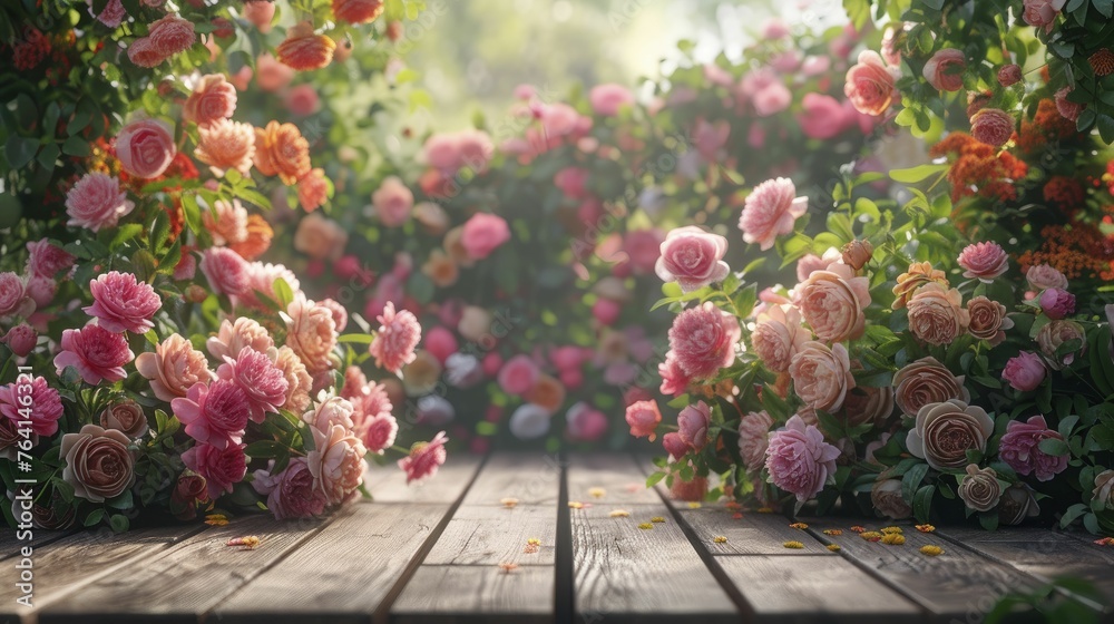 A captivating floral display at the forefront, set against a backdrop of a flourishing English rose garden, perfect for showcasing beauty products.