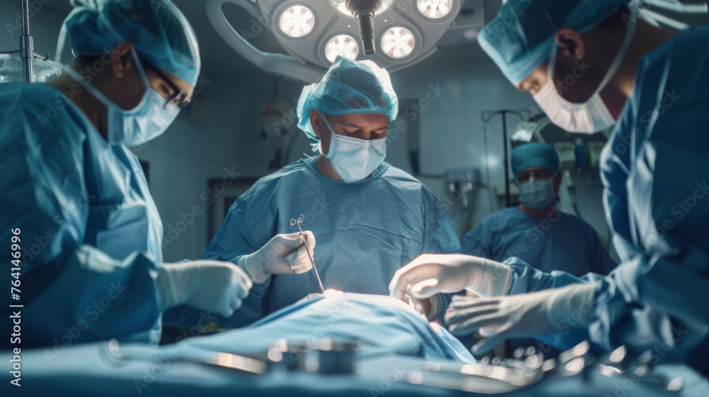 A surgical team is intensely focused on a procedure under an operating light in an operating room. A surgical team is intensely focused on a procedure under an operating light in an operating room.
