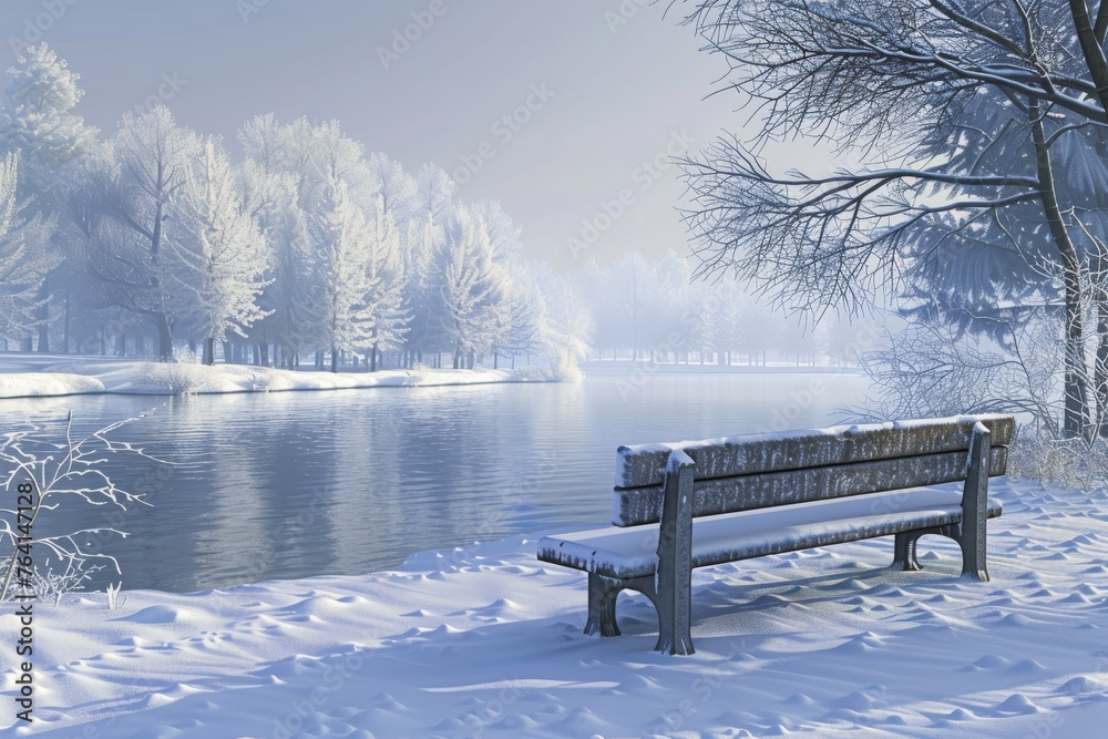 Snowy Silence Digital Illustration of a Snow-Covered Bench in a Winter Park by a Frosty Lake 