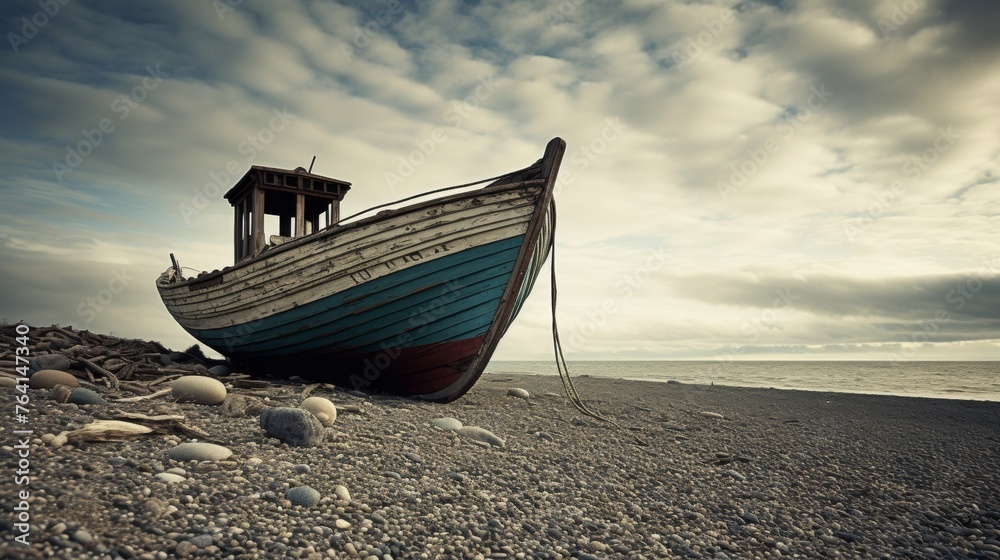 Nostalgic scene old fishing boat on sandy seashore, recalling tranquil coastal memories Nostalgic scene old fishing boat on sandy seashore, recalling tranquil coastal memories