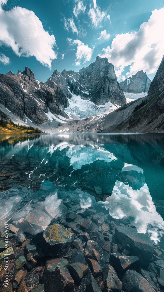 A mountain lake is nestled among rocks, with crystal-clear water reflecting the rocky landscape. The serene scene is enhanced by the contrasting textures of the rugged rocks and the calm water.