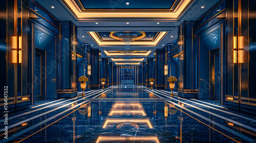 Luxurious hotel lobby interior with modern architecture, elegant design for comfort and style