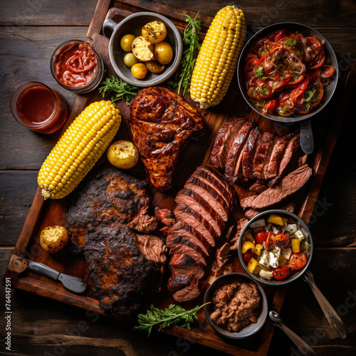 texas bbq with corn on the cobb, top view created with Generative Ai