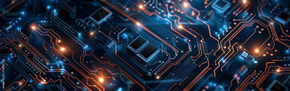 Detailed view of a computer circuit board showing intricate patterns of interconnected electronic components. Detailed view of a computer circuit board showing intricate patterns of interconnected electronic components.