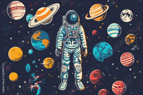 Background design with many planets in space illustration. Space icon set and astronaut