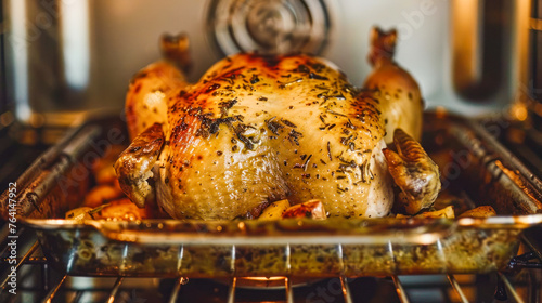 Juicy baked chicken with spices on a baking tray in the oven. Cooking traditional rotisserie chicken. Baked whole chicken with spices