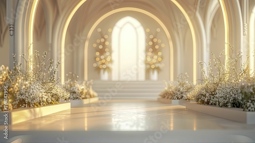 Featuring a radiant Luminous Pearl Podium against an Elegant Wedding Chapel backdrop - perfect for showcasing bridal accessories.