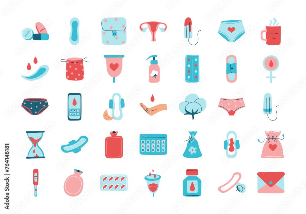 Set of woman's hygiene menstruation period icons in hand drawn. Feminine products, menstrual protection elements. Tampons, womb, cup, reusable pads and panty, pill. Isolated vector flat illustration Set of woman's hygiene menstruation period icons in hand drawn. Feminine products, menstrual protection elements. Tampons, womb, cup, reusable pads and panty, pill. Isolated vector flat illustration