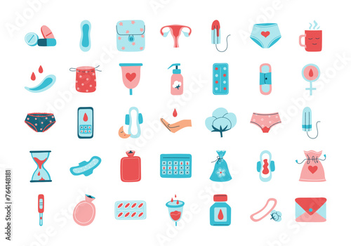 Set of woman's hygiene menstruation period icons in hand drawn. Feminine products, menstrual protection elements. Tampons, womb, cup, reusable pads and panty, pill. Isolated vector flat illustration
