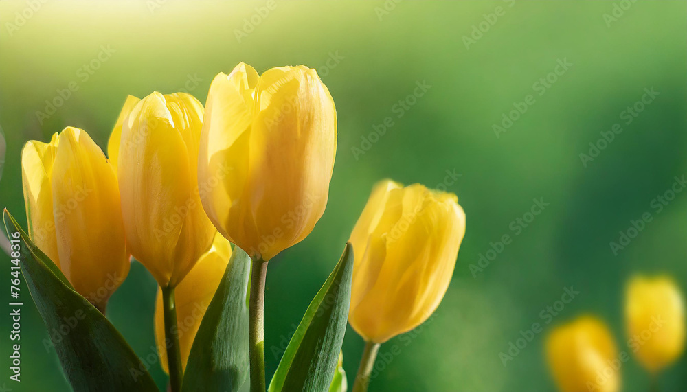 Elegant yellow tulips. Cute flowers. Spring season. Beautiful floral banner with blurred green background Elegant yellow tulips. Cute flowers. Spring season. Beautiful floral banner with blurred green background