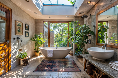 Tranquil Spa Oasis: Bathroom with Large Tub, Sink, and Lush Greenery