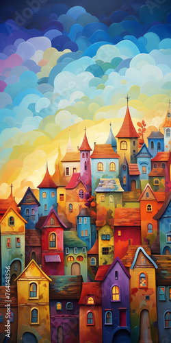Urban landscape with fantasy fairytale houses drawn in watercolor. © VRAYVENUS