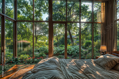 Serene Bedroom Retreat: Large Bed with Garden View Wall of Windows