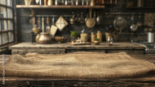 Enhance your rustic home goods showcase with a vintage farmhouse kitchen backdrop and a rustic burlap podium in the front view.