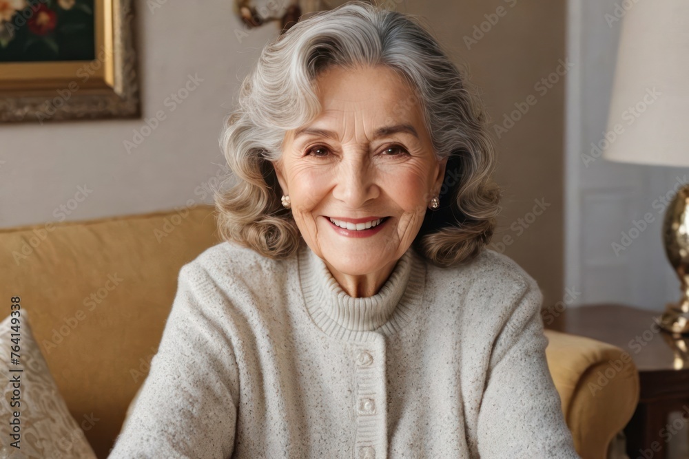 Portrait of beautiful smiling old white woman sitting at home. Generative AI Portrait of beautiful smiling old white woman sitting at home. Generative AI