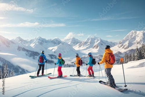 family in a snow mountain skiing