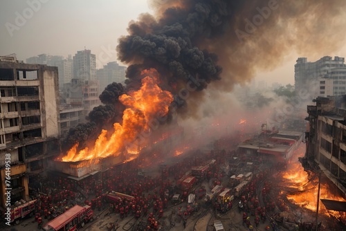 aerial view of firefighters and mass people