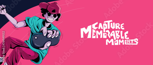 young skater boy with glasses and cap smiling hanging with very cool pose, vector design with pink and blue colors and distorted text with message capture memorable moments