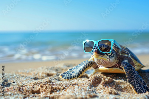 A turtle is laying on the beach wearing sunglasses. The scene is bright and sunny, and the turtle is enjoying the warmth of the sun. cute funny turtle on the beach wearing sunglasses design © Nataliia_Trushchenko