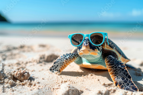 A turtle is laying on the beach wearing sunglasses. The scene is bright and sunny, and the turtle is enjoying the warmth of the sun. cute funny turtle on the beach wearing sunglasses design
