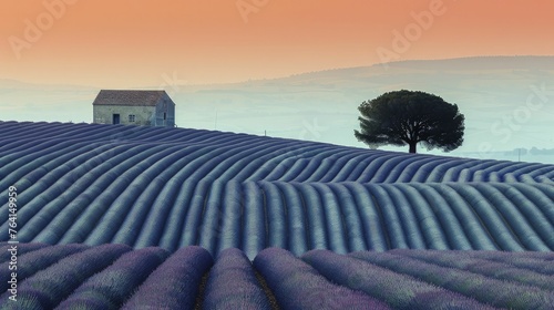 Endless lavender rows in Provence, a solitary farmhouse in a vast purple expanse, capture the essence of agrarian life.
