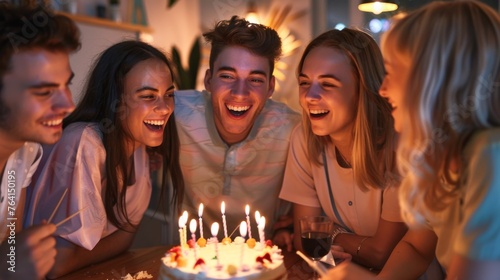 A group of individuals sitting around a table, celebrating a special occasion with a delicious cake in the center. They are engaged in conversation and laughter while enjoying the sweet treat together