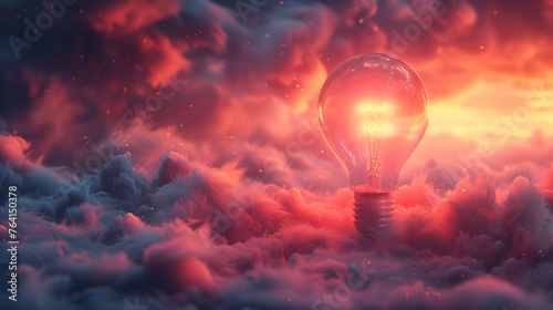 a light bulb shining in pink clouds or smoke, symbolizing the illusion of a successful idea that has arisen photo