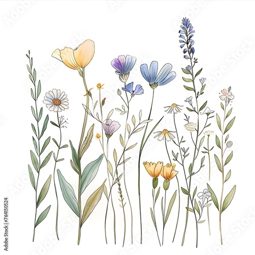 Elegantly Crafted Wildflower Illustrations: Line Art and Subtle Watercolors on White