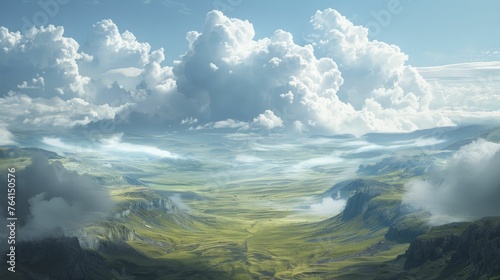 The serene and solitary journey of a cloud shadow moving across an expansive, sunlit valley, highlighting the fluidity and scale of the landscape