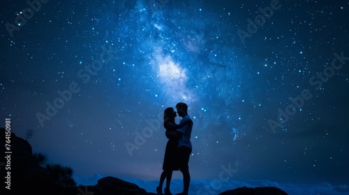 A man and a woman are standing together  their figures outlined against a sky filled with twinkling stars. They appear to be gazing up at the vast  starry expanse above them.