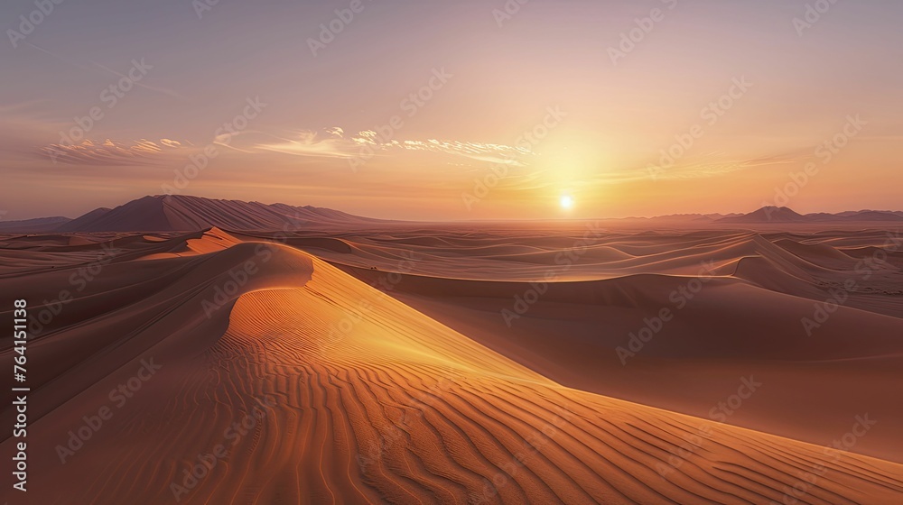 The tranquil solitude of dawn in the desert, with the first light painting vast sand dunes in warm, golden hues.