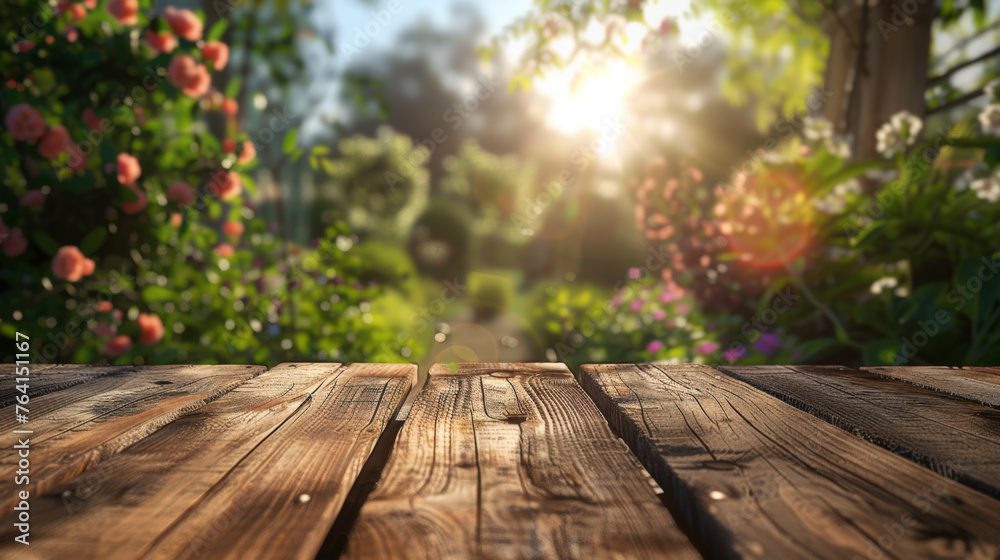 A rustic wooden table foregrounds a blur of colorful garden flowers bathed in sunlight. A rustic wooden table foregrounds a blur of colorful garden flowers bathed in sunlight.
