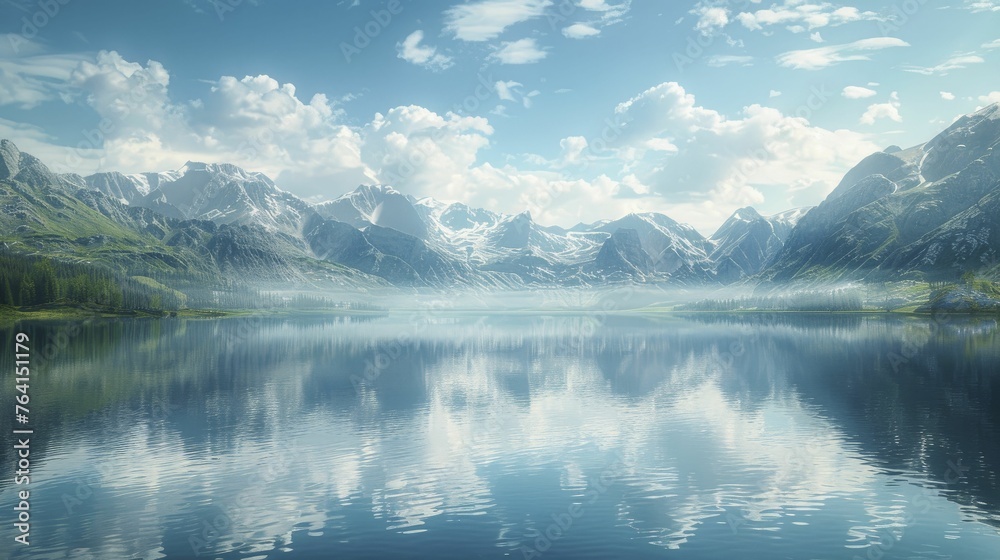 In that tranquil high-altitude lake, the towering mountains and vast sky find peaceful reflection, embodying serene isolation.