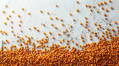 Bright yellow mustard seeds scattered across a pure white backdrop, offering a visual and sensory promise of tangy, spicy undertones in dishes.  © Алексей Василюк