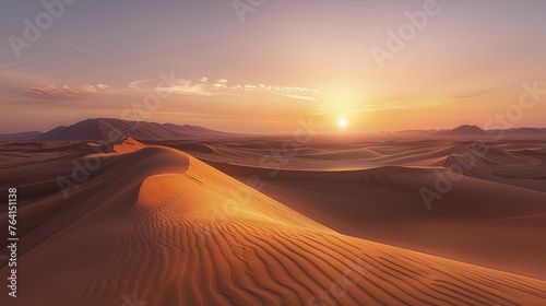 The tranquil solitude of dawn in the desert, with the first light painting vast sand dunes in warm, golden hues.