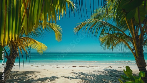 Idyllic tropical beach with white sands framed by lush palm trees © sopiangraphics