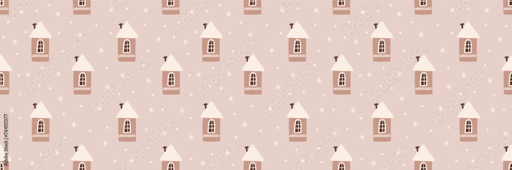 Cute winter Christmas Scandinavian house vector seamless pattern. Whimsy holly Xmas abstract modern hygge festive background. Seasonal winter holidays geometric graphic design