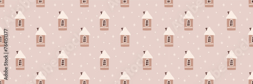 Cute winter Christmas Scandinavian house vector seamless pattern. Whimsy holly Xmas abstract modern hygge festive background. Seasonal winter holidays geometric graphic design