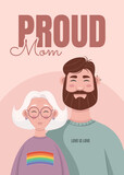 LGBTQ Proud Mom. Flat vector illustration with mom and son. Pride month card.