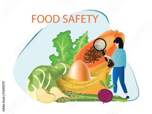 Different foods in the center and a person with a magnifying glass.Food safety concept.