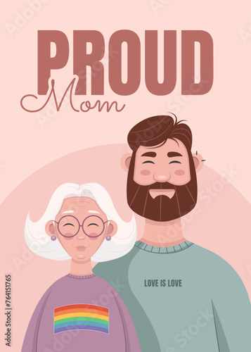 LGBTQ Proud Mom. Flat vector illustration with mom and son. Pride month card.