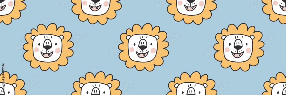 Fototapeta premium Cute cartoon nursery seamless pattern. Vector safari print. Cute African lion animal characters. Baby childish background for boys
